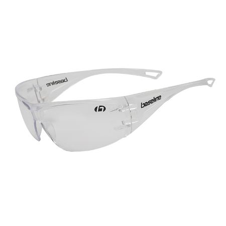 A pair of protective eyewear with clear polycarbonate lenses and a metal-free dielectric frame.