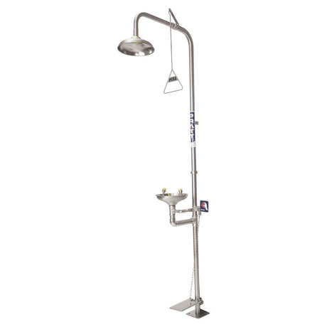 A stainless steel combination shower head, eye wash station, and foot treadle with a visible flow control regulator.