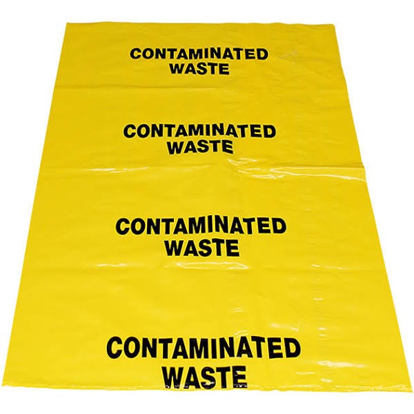 yellow Waste Bag, with "contaminated waste written in black"