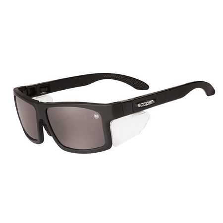 A pair of black protective eyewear with smoke lenses and interchangeable temples, designed for safety and versatility.