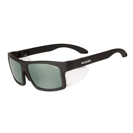 A pair of black frame sunglasses with polarised lenses and X-Fit temples.