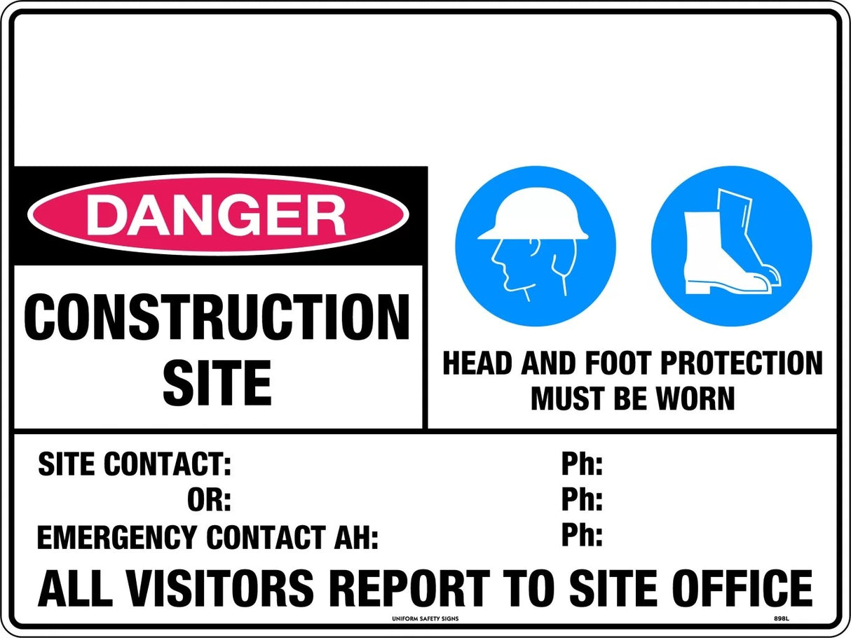 Danger Sign - Danger Construction Site Head and Foot Protection Must Be Worn Metal