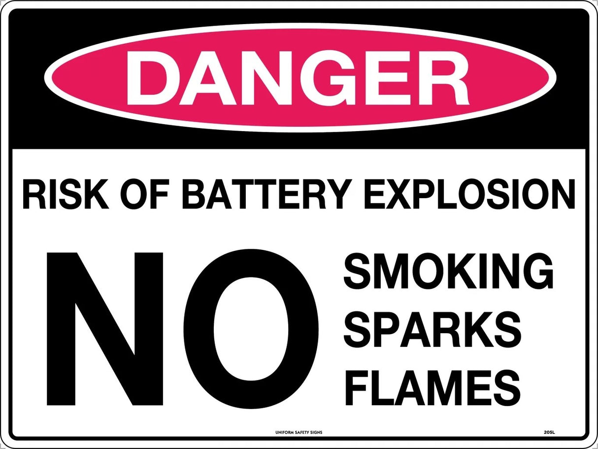 Danger Sign - Risk of Battery Explosion No Smoking Sparks Flames Poly