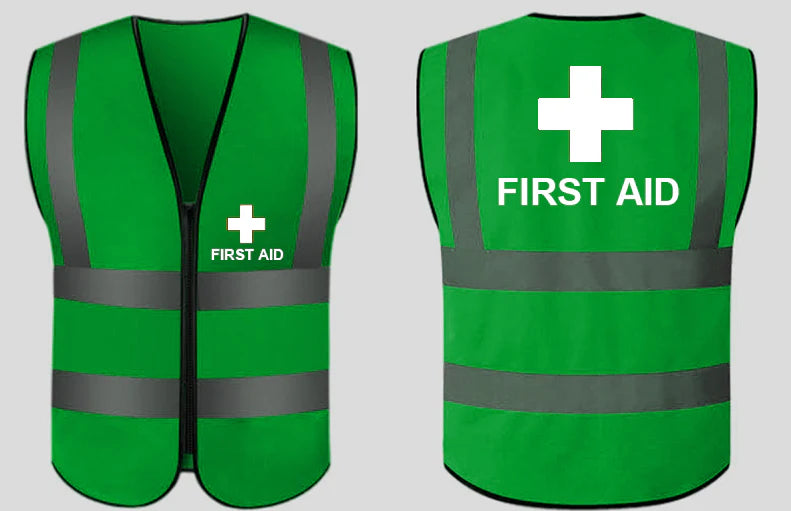 Green high visibility first aid warden vest with reflective stripes and front zipper closure, featuring 'FIRST AID' text and a white cross on the front and back.