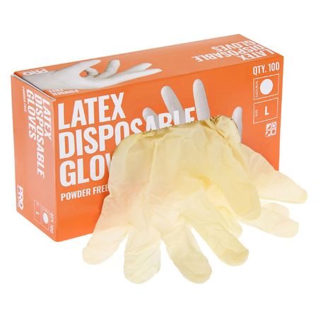 A box of disposable latex gloves that are powder free, displayed with the box slightly open showing the gloves inside.