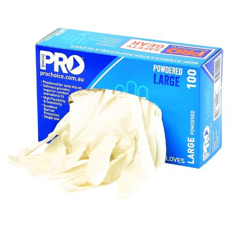 A box of Pro Choice brand disposable latex powdered gloves in large size, containing 100 pieces.