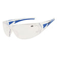 A pair of protective eyewear with clear lens, blue and white frame, and black accents.
