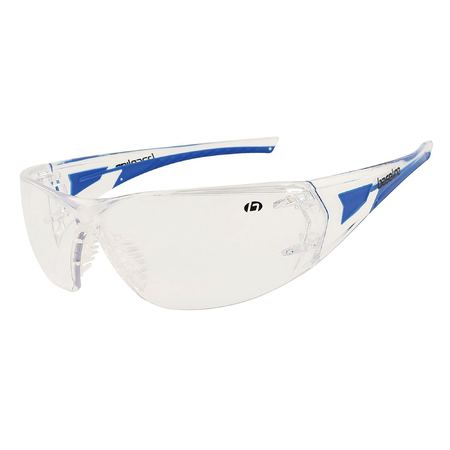 A pair of protective eyewear with clear lens, blue and white frame, and black accents.