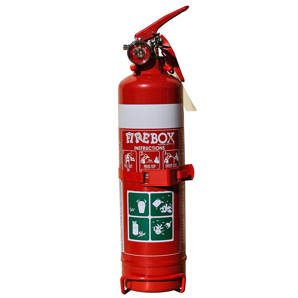 Red fire extinguisher with 'Firebox' branding on a white background