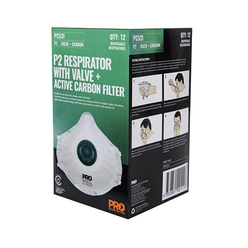 Packaging box of Dust Masks P2+Valve+Carbon with a picture of the mask on the front.