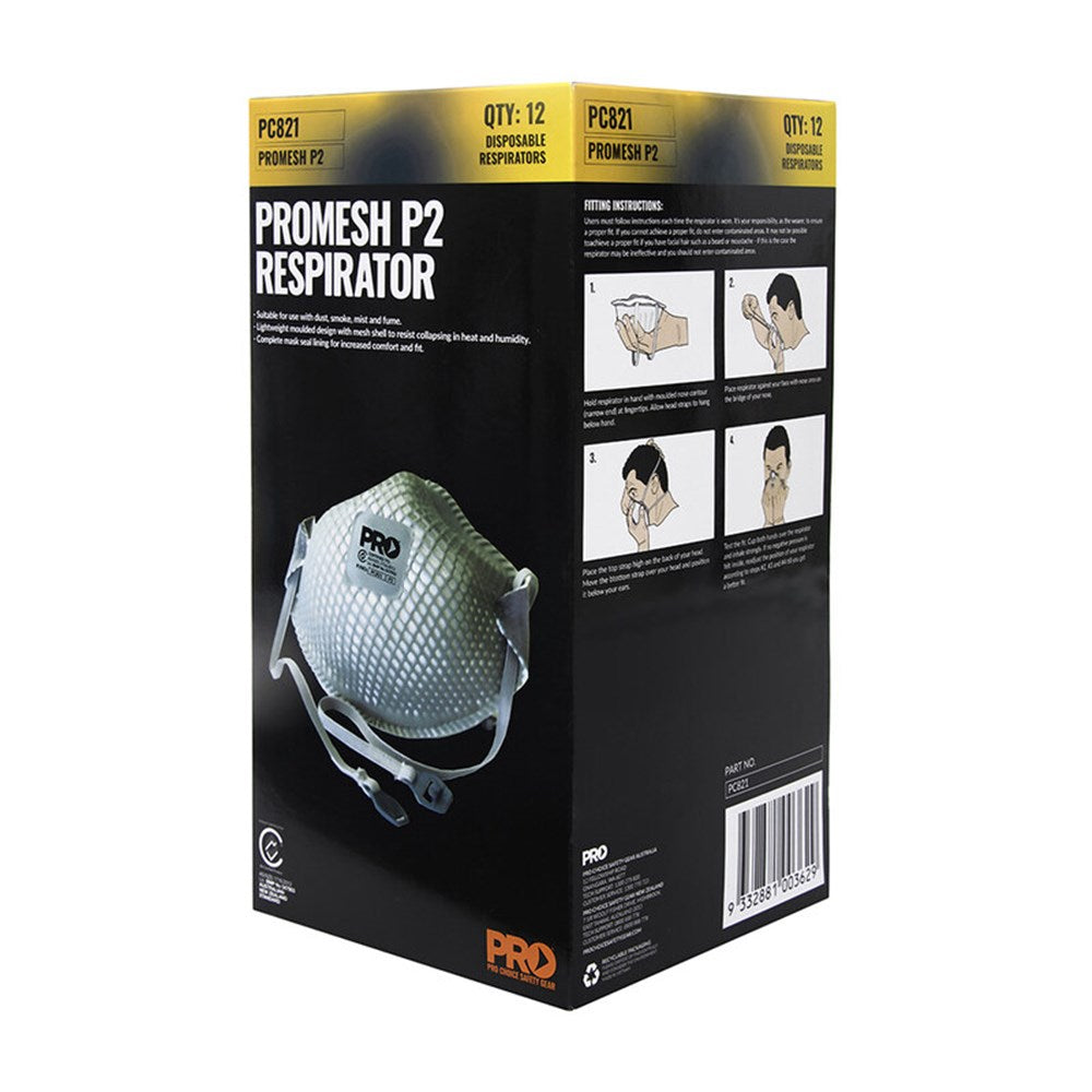 Packaging box for Promesh P2 dust masks, displaying the mask, usage instructions, and product information.