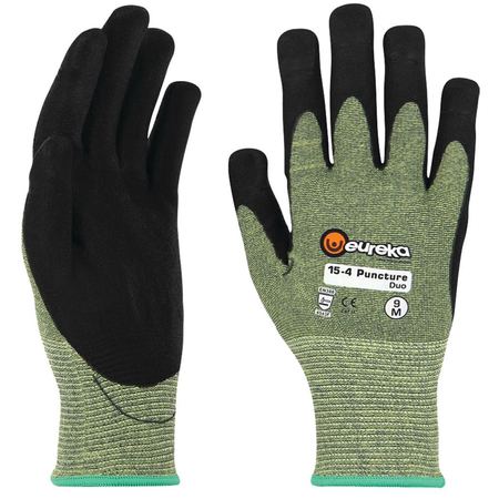 A pair of Eureka safety gloves designed for puncture resistance, with black palms and green back, featuring the brand logo and product information.