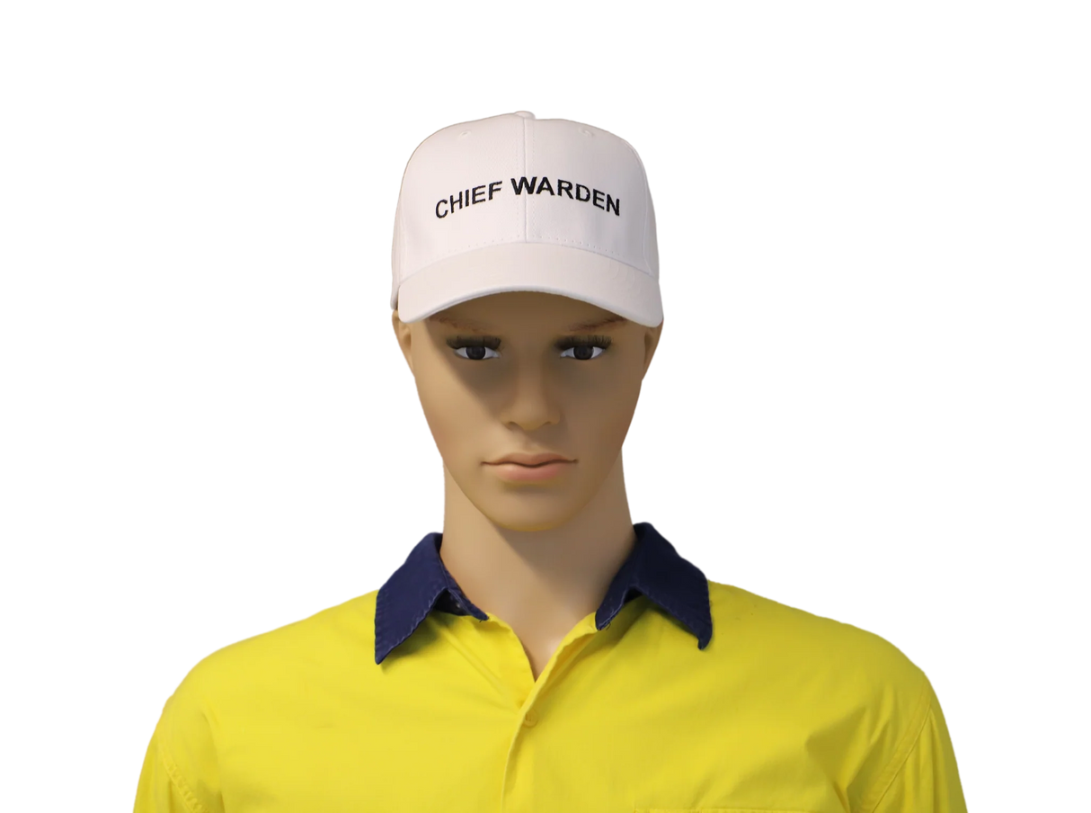Mannequin wearing a yellow shirt with a navy collar and a white cap labeled 'Chief Warden' on a white background