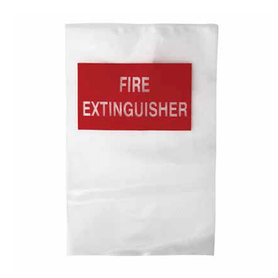 White fire extinguisher cover with a red label displaying 'FIRE EXTINGUISHER' on a white background