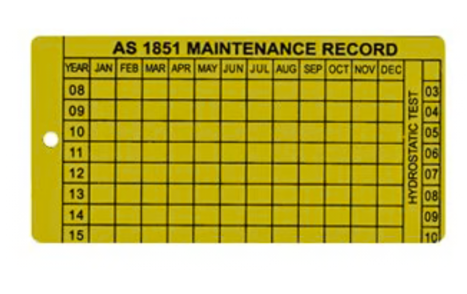 Yellow maintenance record card with grid for tracking years and months