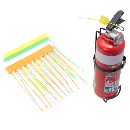 Red fire extinguisher with yellow and green fire safety flags on a white background
