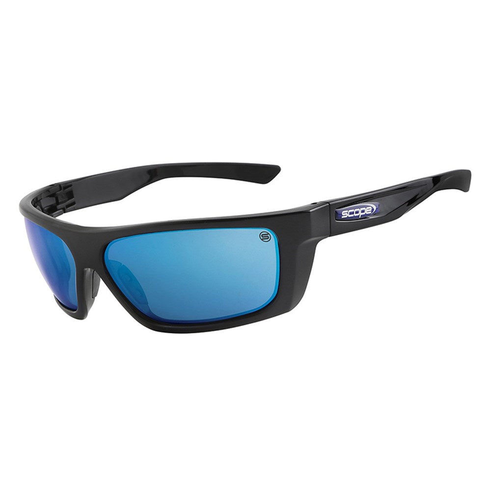 A pair of black glossy sunglasses with blue mirrored lenses, featuring a wrap-around design and a logo on the side.