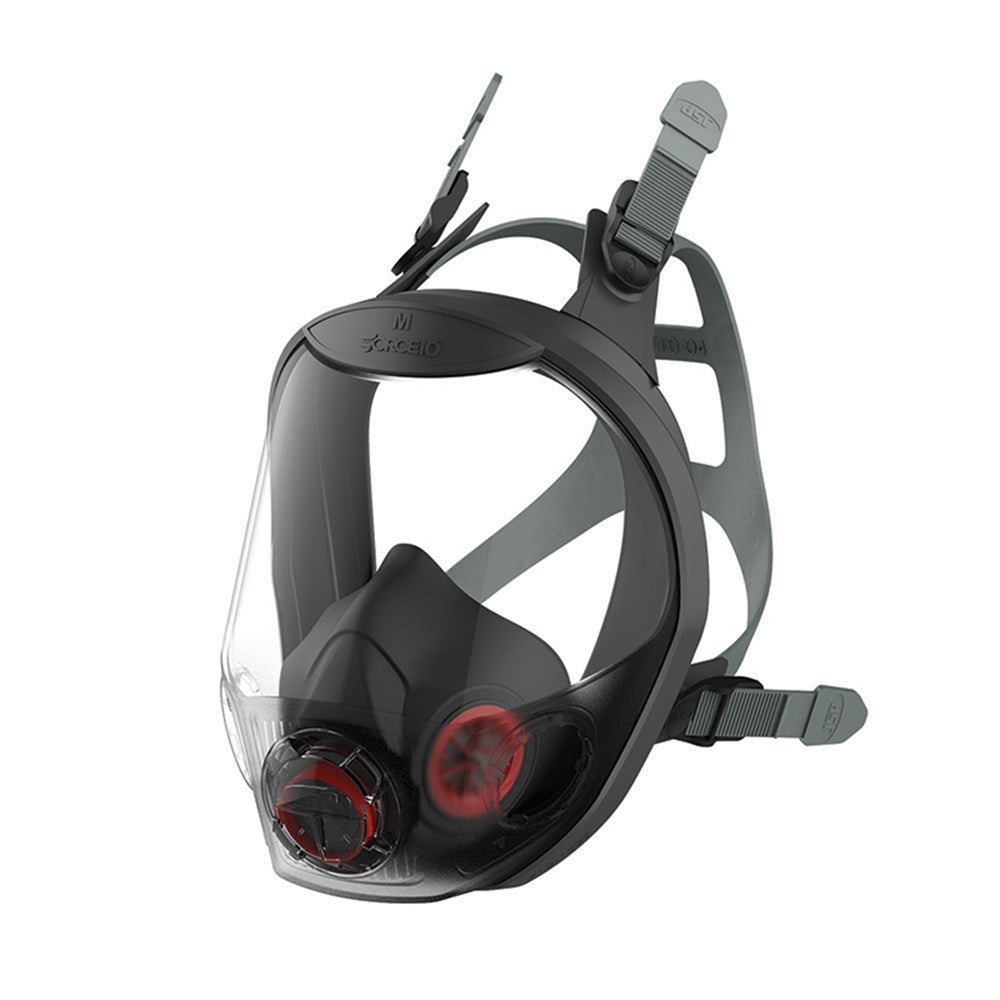 A full face respirator with a clear panoramic visor, black in color, equipped with a red exhalation valve and adjustable head harness.