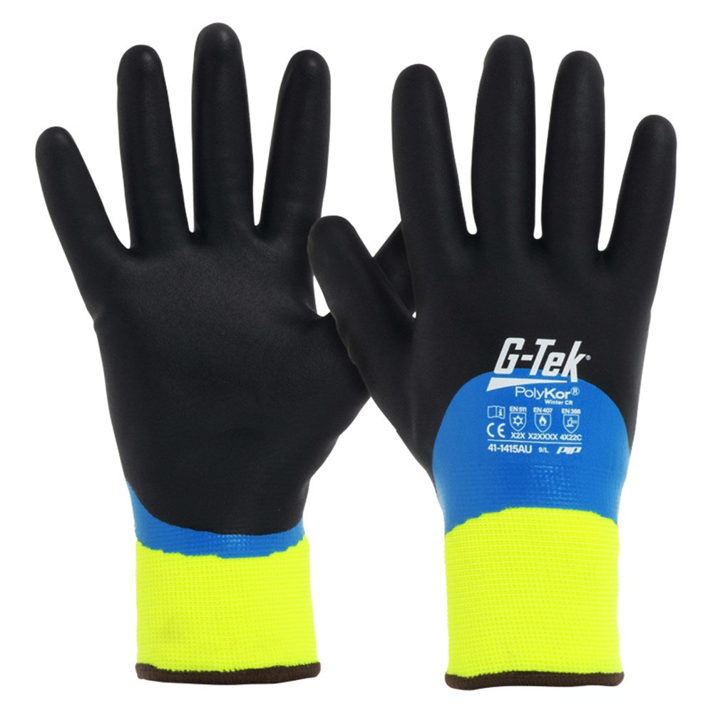 A pair of G-Tek winter gloves with cut-resistant properties. The gloves are black with blue and yellow accents, featuring a nitrile foam coating, and are labeled as size 10.