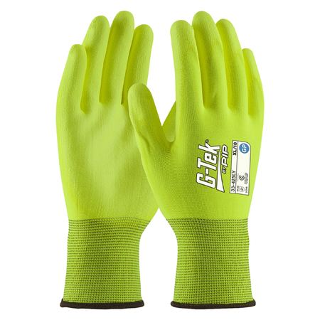 A pair of G-Tek brand safety gloves in hi-vis yellow with polyurethane coated flat grip on palm and fingers, designed for safety and dexterity.