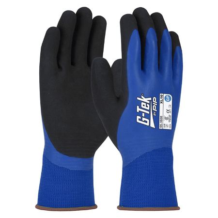 A pair of blue and black G-Tek safety gloves with double dipped latex microsurface grip.