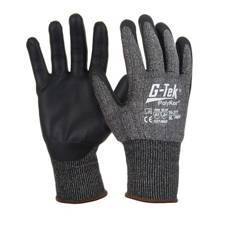 A pair of G-Tek Polykor X7 Platinum Cut resistant safety gloves with cut-resistant fabric and foam-coated palms.