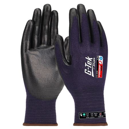 A pair of navy blue G-Tek safety gloves with PosiGripMax coating on palm and fingers, designed for oil resistance and grip.
