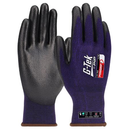 A pair of black and purple G-Tek Posigripmax 18G gloves with a seamless knit design and Posigrip Max coating on palm and fingers, displayed against a white background.