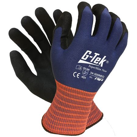 A pair of G-Tek Superskin Neo Gloves with black neoprene and blue nylon, featuring touchscreen functionality.