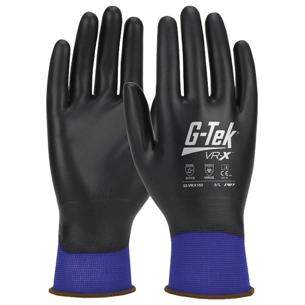 A pair of black G-Tek VRX gloves with blue cuffs, featuring a polyurethane coating and nylon liner.