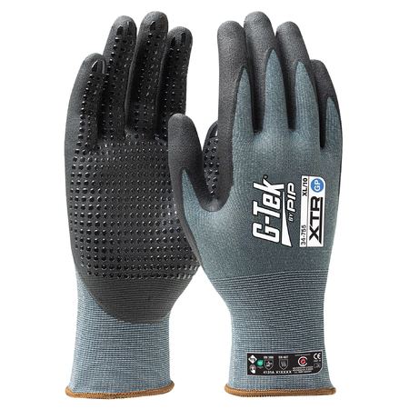 A pair of G-Tek Xtr 15G seamless knit gloves with nitrile foam coating and dot grip on palm and fingers.