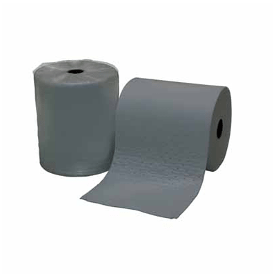 Two gray absorbent rolls, one standing upright and the other lying on its side,