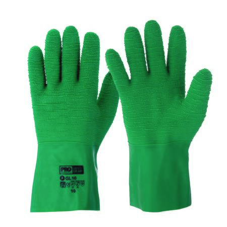 A pair of green latex rubber gloves with heavy duty ripple texture for excellent grip in wet environment, interlock lined for comfort.
