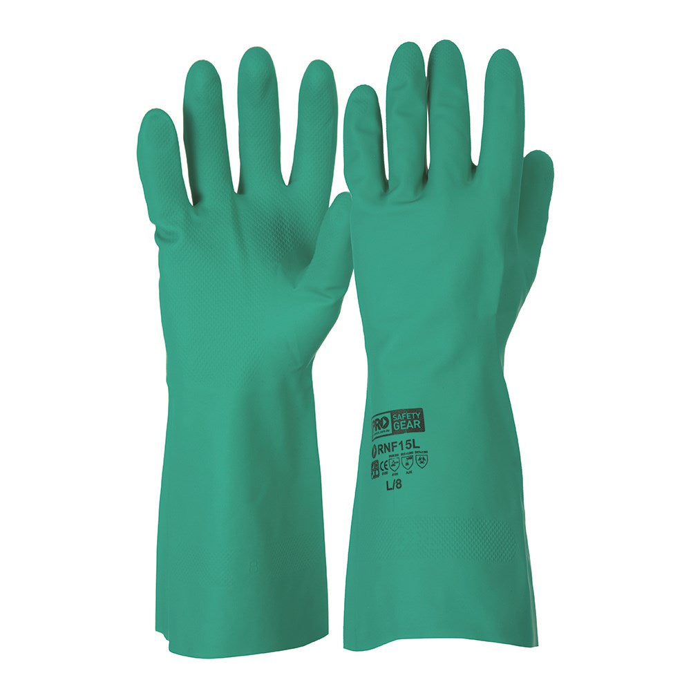 A pair of green nitrile gloves with textured palm, reaching up to the elbows, with the brand name visible.