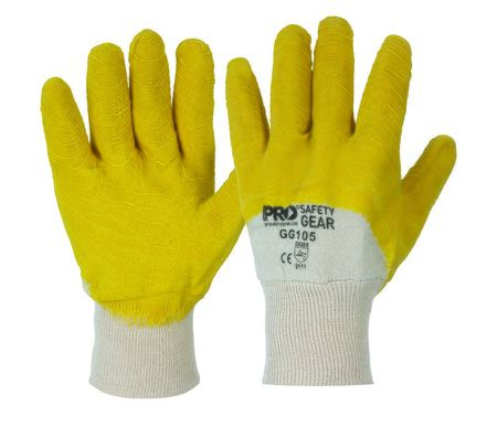 A pair of yellow latex rubber gloves with a knitted wrist section, designed for grip and comfort.
