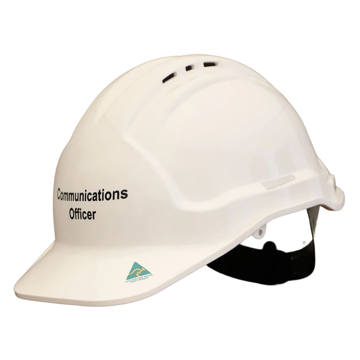 White hard hat with 'Communications Officer' text on a white background