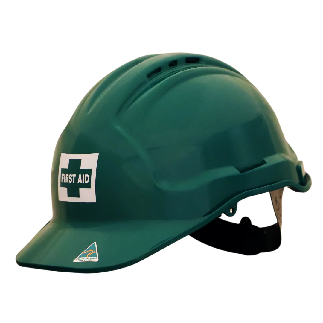 Green hard hat with a first aid symbol on a white background