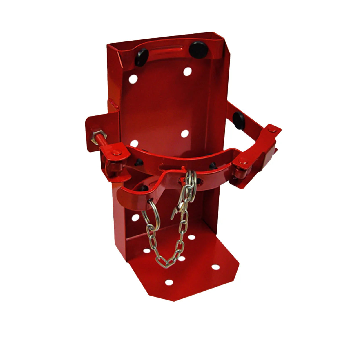 Red metal clamp with chain on a white background