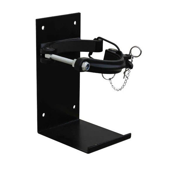 Black metal wall mount with chain and hooks on a white background