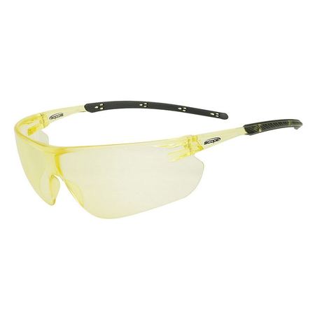 A pair of protective eyewear with yellow amber lenses and a wraparound frame design.