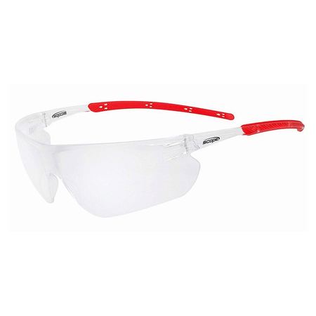 A pair of protective eyewear with a white frame and clear lenses, featuring red accents on the temples.