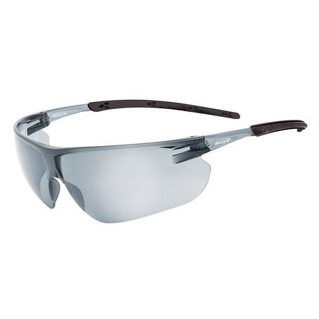 A pair of protective eyewear with a wraparound design, featuring silver mirror lenses and a black frame.