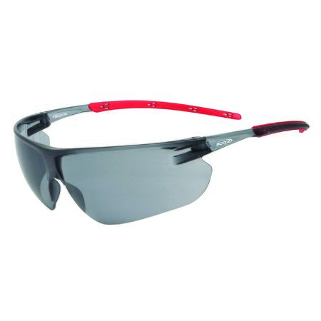 A pair of protective eyewear with a wraparound design, featuring gray smoke lenses and a black frame with red accents on the temples.