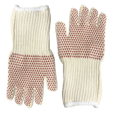 A pair of white safety gloves with red silicone grip coating on the palms and fingers.