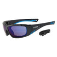 A pair of black and blue full wraparound protective eyewear with a strap and mirror lenses, featuring a gasket for a secure fit.