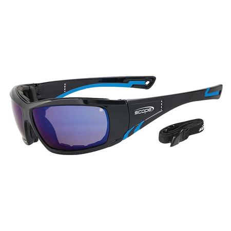 A pair of black and blue full wraparound protective eyewear with a strap and mirror lenses, featuring a gasket for a secure fit.