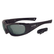 A pair of black full wrap frame sunglasses with a polarised smoke lens, including a gasket and an adjustable strap.