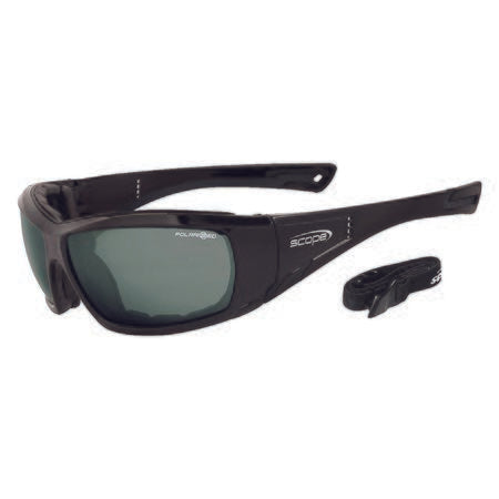 A pair of black full wrap frame sunglasses with a polarised smoke lens, including a gasket and an adjustable strap.