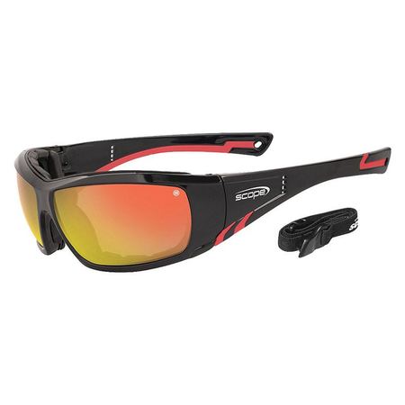 A pair of protective eyewear with a full wrap frame, red mirror lenses, and a black and red design including a strap and a gasket.