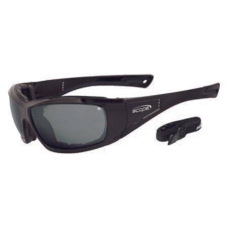 A pair of black full wrap frame sunglasses with an adjustable elastic strap and smoke lenses, featuring a gasket around the frame.